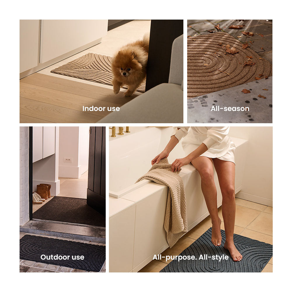 Infographic demonstrating how to use WaterHog All-Weather Durable Floor Mat as an indoor and outdoor doormat suitable for all-season use and all-weather usage inside and outside OK for animal mat dog mat cat mat great as an all-style and all-purpose doormat